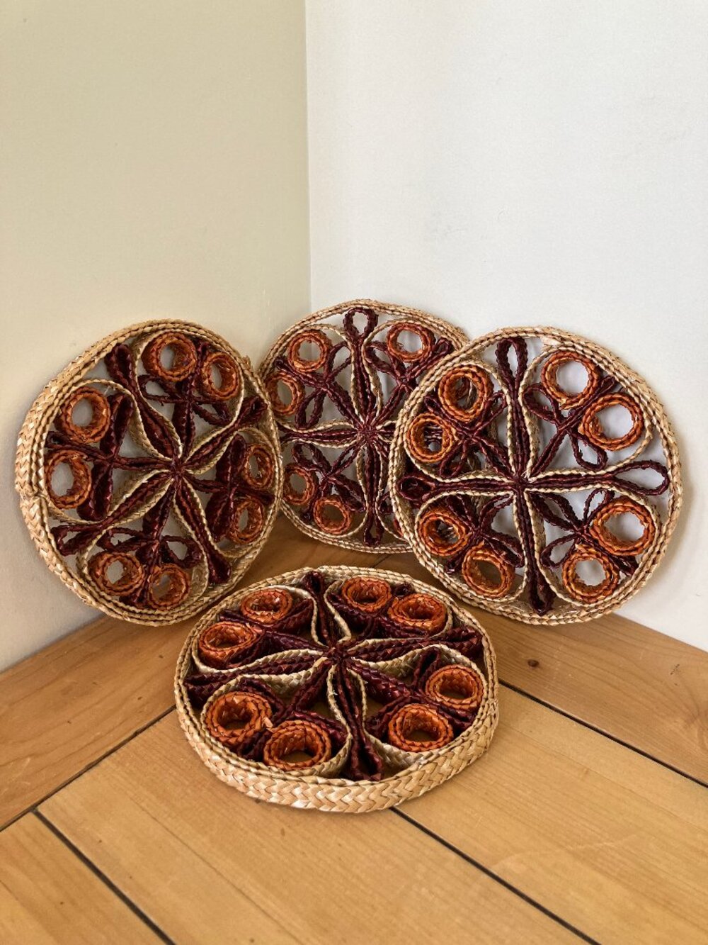 Raffia Braided Rattan Hot Pad Trivets Set of 4 Brown & Orange Spiral Design